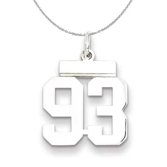 Silver, Athletic Collection, Small Polished Number 93 Necklace - 16 In